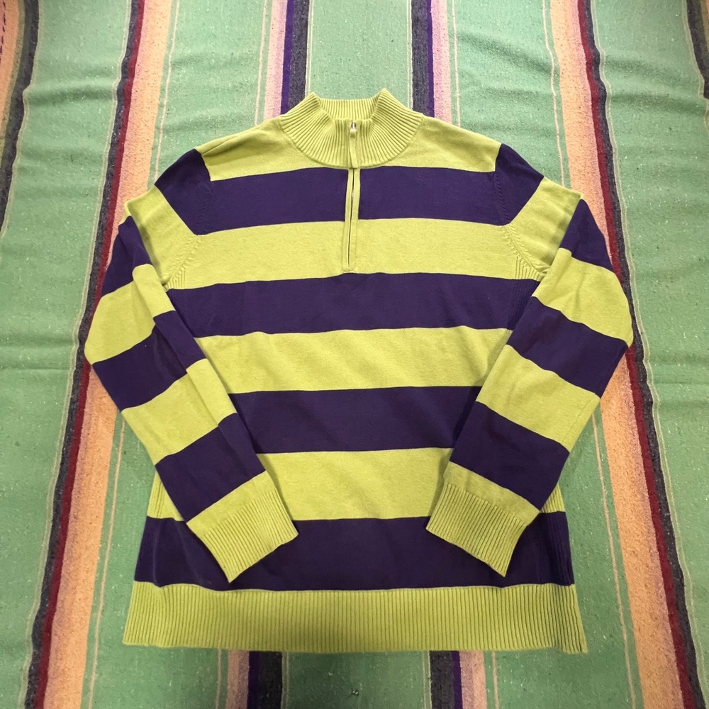 Le Tigre Quarter Zip Sweater Mens Large Green Purple Striped Cotton Pullover